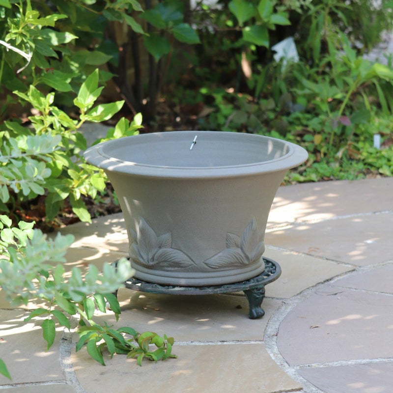 アッシュグレイのホスタがあしらわれたウィッチフォードの植木鉢の写真